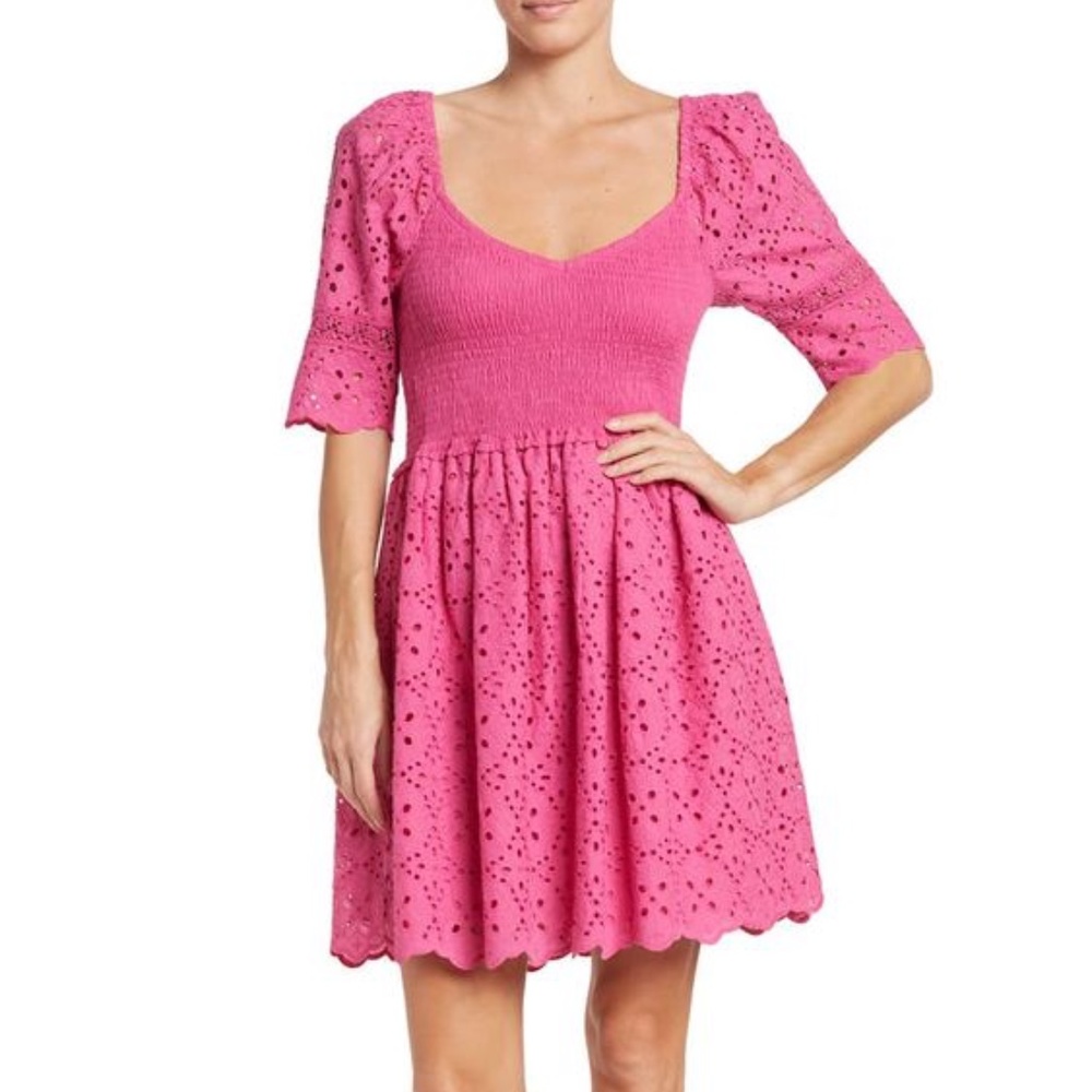 Betsey Johnson Eyelet Sleeve Smocked Mini Dress Pink Peach Large NWT